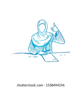 Saudi Arabian woman reviewing annual report with thumbs up. Business best performance, success sketch concept vector illustration. Hand drawn isolated design. Suitable for business poster template