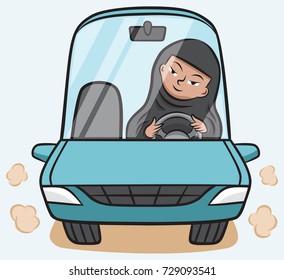 A Saudi Arabian Woman Wearing A Burqa Is Shown Driving A Car.