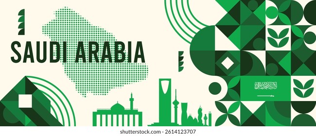 Saudi Arabianational vector banner featuring the flag, dotted map, landmarks, and geometric pattern design