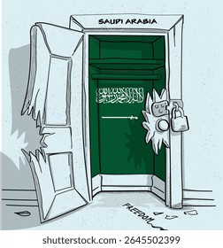 O caminho da liberdade da Arábia Saudita. Ilustração política de uma porta quebrada, mas trancada, com a bandeira nacional. Uma metáfora para luta e esperança.