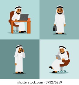 Saudi arabic businessman concept set. Young saudi arabic man in computer, tablet pc and smartphone business internet working