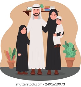 Arabia Saudita feliz familia padres pareja hijos y su hijo, CON DISEÑO NACIONAL PLANO VECTOR hombre con tradicional disfraz o kandura , la mujer con el negro abaya y shelya, vestir