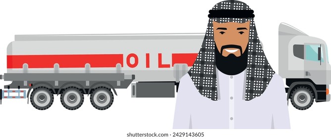 Saudi Arabic Man in Traditional National Clothes and Gasoline Truck in Flat Style. Vector illustration.