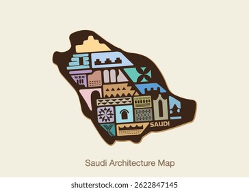 Mapa da arquitetura saudita. Mapa ilustrativo dos estilos arquitetônicos sauditas modernos.