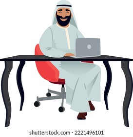 Saudi business manager working on laptop. Arab sit at table