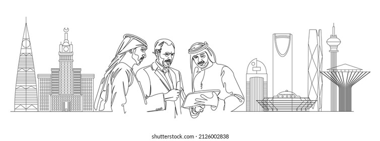 Saudi Business Meeting With Saudi City Building Icon .line Art Illustration Vector.