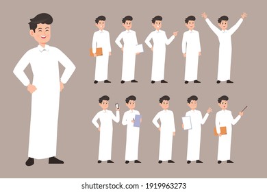 Saudi Businessman Doing Different Actions Vector. Saudi Man Character Student Flat Illustration
