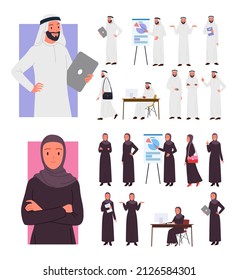 Saudi businesswoman and businessman in different gestures and poses set vector illustration. Cartoon young arab woman and man working, pointing on presentation board, walking isolated on white