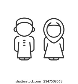 Saudi children line icon. Arabic kids in traditional dress. Middle East boy and girl silhouette. Muslim young people. Vector illustration on white background 