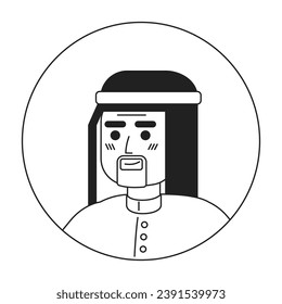 Saudi elderly man relaxed standing black and white 2D vector avatar illustration. Cheerful arab senior male outline cartoon character face isolated. Positive confident headshot posing flat portrait