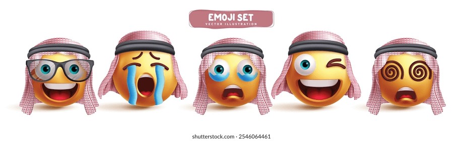 Conjunto de vetores de personagens emojis sauditas. O árabe muçulmano emojis é um personagem de clip art em xeque de expressão facial feliz, chorando, triste, piscando e tonto usando a coleção keffiyeh. Ilustração vetorial 3d Saudi