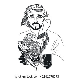 Saudi falconer with hawk. Vector hand drawn illustration on white background