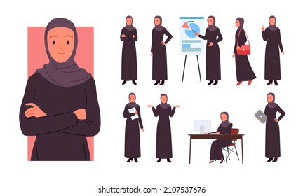 Saudi female office worker character poses set vector illustration. Cartoon young arab woman in muslim robe and hijab standing at presentation board, employee working with computer isolated on white