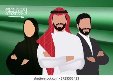 Bandeira saudita ao fundo e na frente dos sauditas, 2 homens e 1 mulher de pé confiantemente com a mão cruzada, rosto sorridente, um dos homens vestindo tradicional touba branca e shomagh vermelho e o outro vestindo terno preto, a mulher vestindo hijab preto.