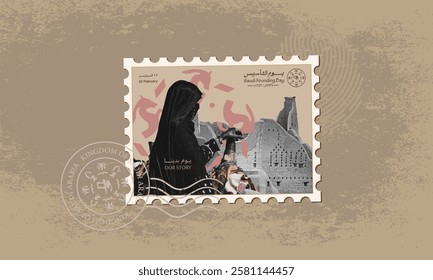 Saudi Founding Day stamp with a picture of a Saudi woman, (Translation of Arabic text: founding day).