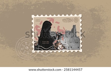 Saudi Founding Day stamp with a picture of a Saudi woman, (Translation of Arabic text: founding day).