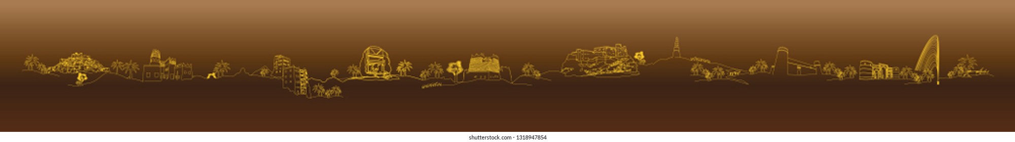 Saudi heritage site in gold vector line art, vector fine line art design, saudi arabia heritage sites, green vector fine line art in brown background