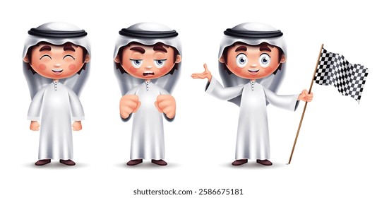 Saudi kids vector characters set design. Arab boy character in standing collection with sad, lonely and frowning facial expression in white background. Vector Illustration. 
