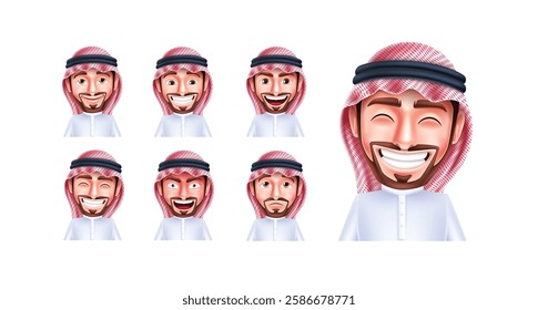 Saudi man character set vector design. Arab handsome man collection with happy facial expression isolated in white background. Vector Illustration. 
