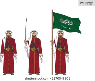 Saudi man dressed in traditional attire holds the Saudi flag and sword while performing the Saudi Ardah (a folklore dance), against a white background. Editable strokes.