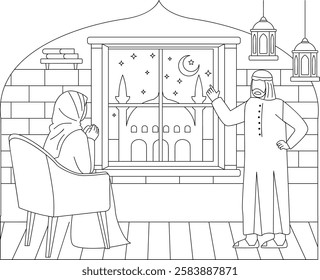 Saudi Man Gesturing to wife vector icon design ramadan Eid al-Fitr outline, Muslim fasting month sketch, Arabic holidays illustration, Fathers Wisdom Sharing Islamic Teaching with His Daughter concept