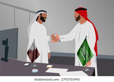 A Saudi man and a Qatari man, both wearing traditional Arab attire, shake hands in an office. They use a computer, with the Saudi and Emirati flags displayed in 3D, and analyze data to develop a business strategy and innovative ideas.