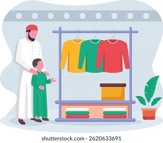Saudi Man Taking his Kids for Pre Eid Shopping concept, Donating new or gently used clothing vector design, Eid al-Adha scene, Eid-al-Kabir Hajj banner, Traditional Arabic Muslim Festival illustration