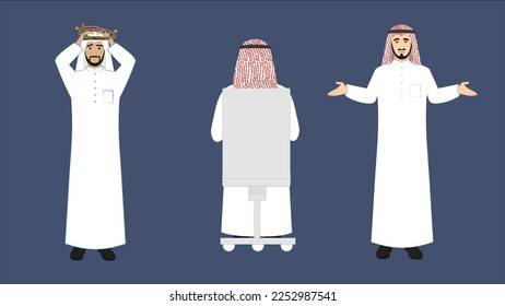 A Saudi man vector explains with his hand open, another sits on a chair from the back, and other brings down a disaster