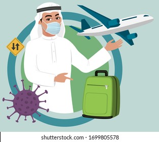 Saudi man wearing mask to prevent corona virus infection spread. Arab Muslim male. An awareness campaign with instructions for protection against coronavirus at airports and flight status updates.