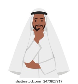 Hombre saudita en el bien conocido Ghutra saudita 2 pensando mano en la barbilla. Ilustración vectorial plana aislada sobre fondo blanco