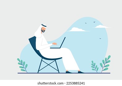 Hombre saudita trabajando en una laptop, hombre árabe trabajando, 