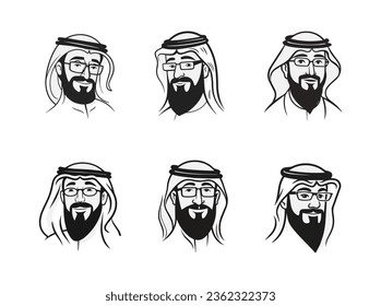 Saudi men with beards characters set  illustrations