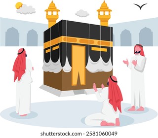 Saudi Mens Around Mataf Masjid al-Haram, Traditional Clothing people Dua at Kaaba vector icon design,  ramadan and Eid al-Fitr Banner, Muslim fasting month scene, Arabic holidays illustration