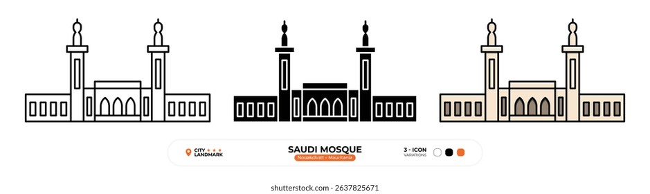 Saudi Mosque Line Icon. Nouakchott, Mauritania, Landmark, Silhouette, Color Vector, Editable Stroke.