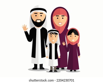 Saudi Muslim family in traditional Islamic outfit vector cartoon character diversity illustration.