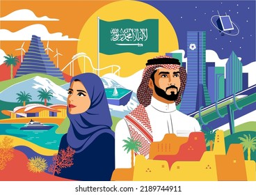 Saudi National day 92 illustration with Saudi man and woman - colorful flat illustration - Shutterstock ID 2189744911