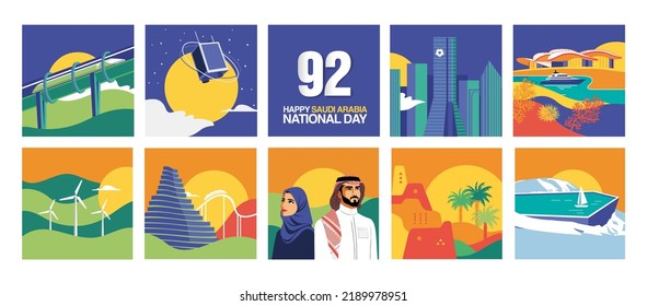 Saudi National Day 92 Illustration moderner Wohnung, farbenfroh.