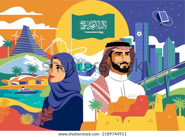 Saudi National day 92 illustration with\
Saudi man and woman - colorful flat\
illustration