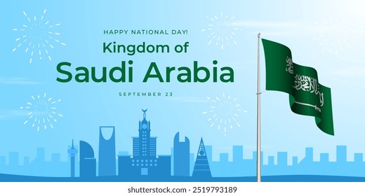 Histórico do Banner do Dia Nacional da Arábia Saudita. 23 de setembro. Dia Nacional do Reino da Arábia Saudita. Dia da Fundação. Aniversário. Construindo pontos de referência. KSA acenando com o sinalizador. Ilustração de vetor. Faixa Paisagem