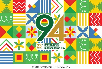 Saudi National Day with Color Landmarks and Saudi Arabian Traditional Motif Pattern and Icon. Flag. map. Vector Illustration. template. Happy National Day