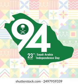 Saudi National Day with Color Landmarks and Saudi Arabian Traditional Motif Pattern and Icon. Flag. map. Vector Illustration. template. Happy National Day