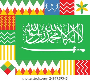 Saudi National Day with Color Landmarks and Saudi Arabian Traditional Motif Pattern and Icon. Flag. map. Vector Illustration. template. Happy National Day