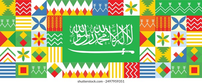 Día nacional saudita con Lugares famosos de color y patrón e ícono de motivos tradicionales de Arabia Saudita. Bandera. mapa. Ilustración vectorial, Plantilla. Feliz Día Nacional