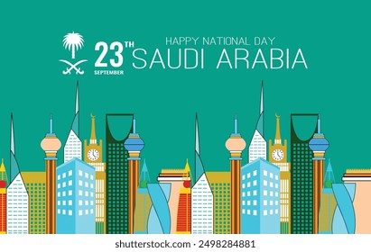 Saudi National Day with Color Landmarks and Saudi Arabian Traditional Motif Pattern and Icon. Vector Illustration. template. Happy National Day