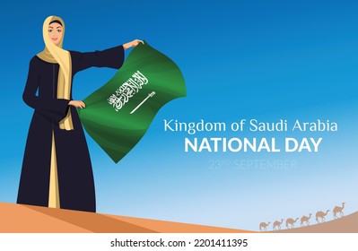 Saudi National Day Kingdom of  Saudi Arabia Known locally as Al Yaom ul Watany commemorate the unification of the Kingdom of heaven  Arab woman standing in the desert with the green flag of Saudi arab