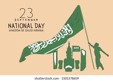 Saudi national day on 23 september. A boy raising a flag concept illustration. Hand drawn style vector design illustrations