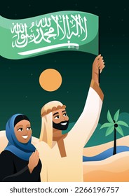 Saudi National day poster. Man and woman in oriental traditional clothes stand in desert with flag in hands. Eastern culture and traditions. Cartoon flat vector illustration