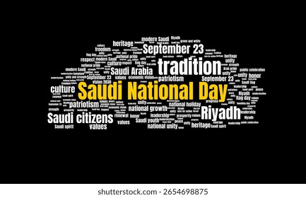 Saudi National Day Word Cloud Featuring Keywords About Patriotism, Culture, Unity, and National Identity. Ideal design for social media, cover, banner, flyer, ads.