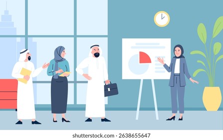 Saudi office working. Arab business woman presentation project for colleagues or investors. Muslim businessman, team discuss work, recent vector scene