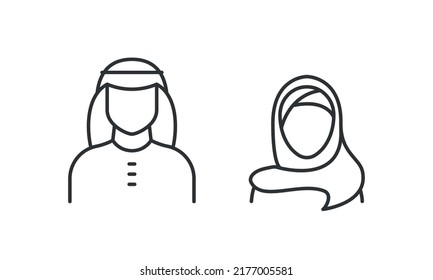 Saudi People line icon. Man and Woman in traditional Muslim shemakh head scarf. Arab couple outline shape. Vector illustration  editable stroke